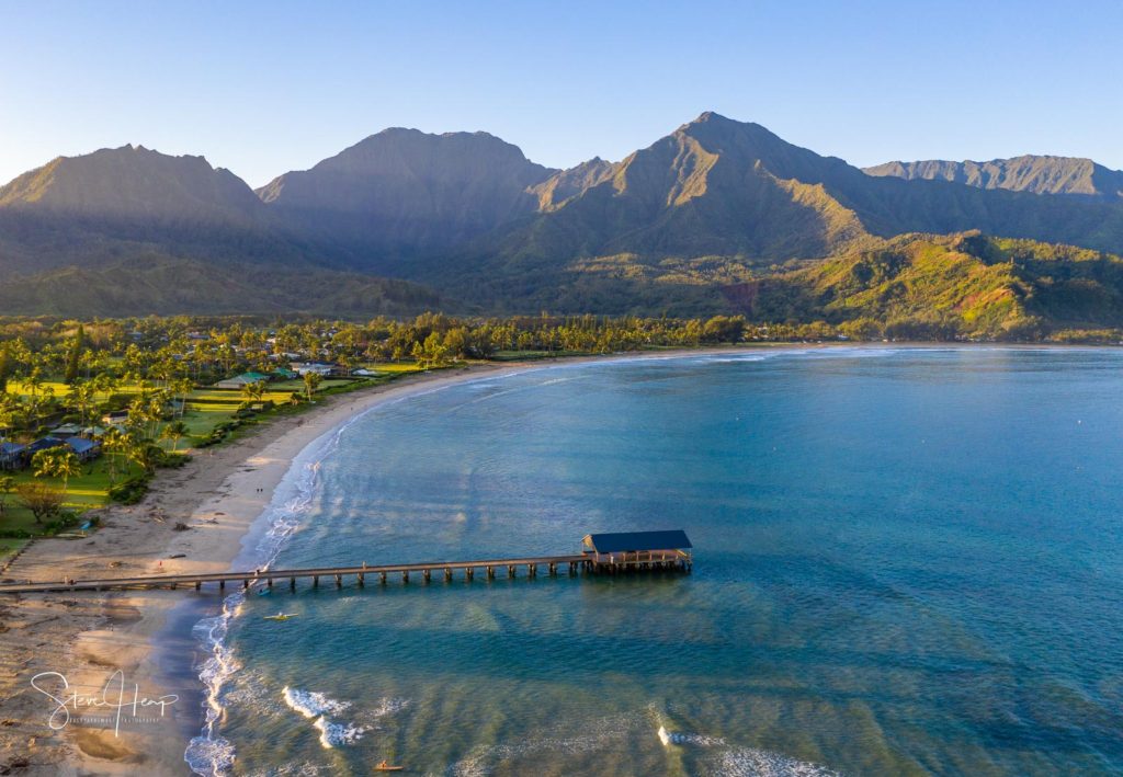 Wall art of an aerial view of Hanalei on the garden island of Kauai