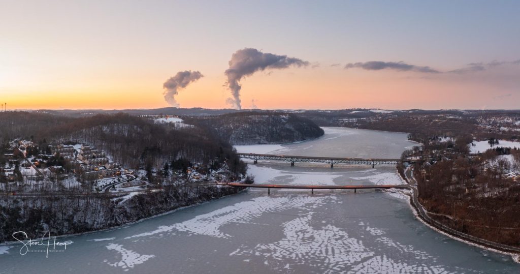 Wall art of the Cheat Lake frozen at sunset in Morgantown, WV