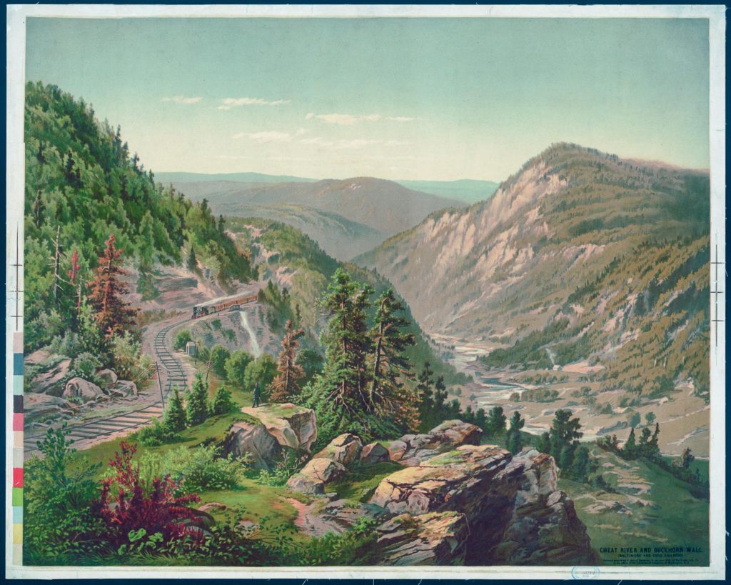 Restored print of the 1878 painting of the Buckhorn Wall and Cheat River showing the Baltimore and Ohio railroad