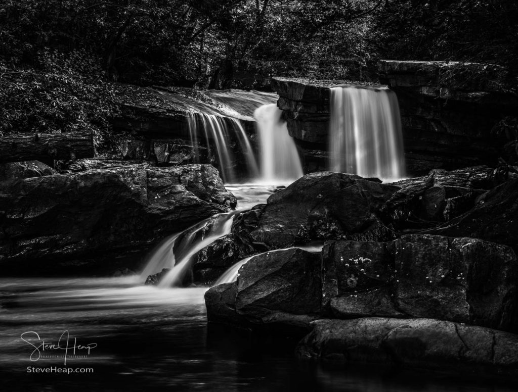 Black and White treatment of a cascade of waterfall into swimming hole with blurred motion on Deckers Creek. Prints available in my online store