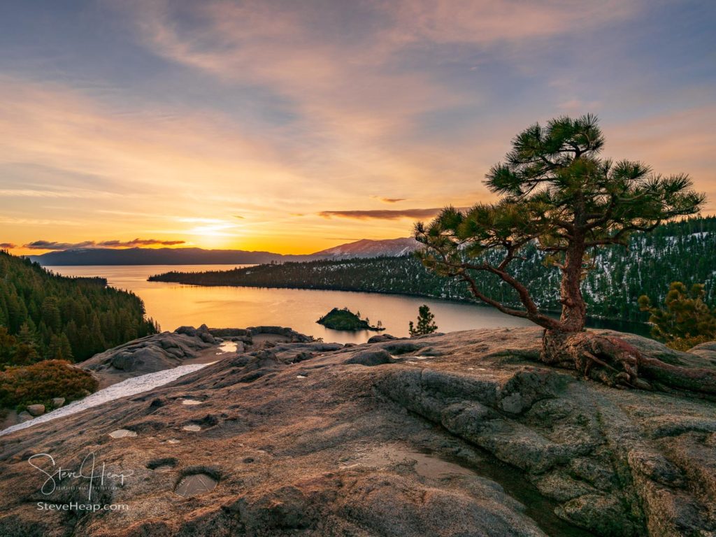 Sunrise at Emerald Bay on Lake Tahoe between California and Nevada with snow covered Sierra Nevada Mountains. Prints available here in my store