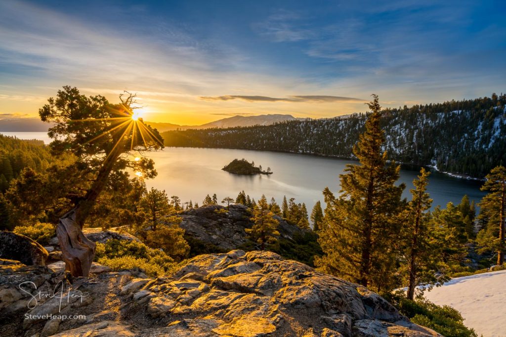 Sunrise at Emerald Bay on Lake Tahoe between California and Nevada with snow covered Sierra Nevada Mountains. Prints available here in my store