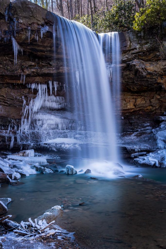 Icy water around the base of Cucumber Falls in the Ohiopyle state park in Pennsylvania in winter. Prints available in my store