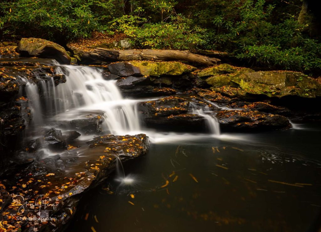 Lower cascades of waterfalls on Deckers Creek running by Route 7 near Masontown in Preston County West Virginia.