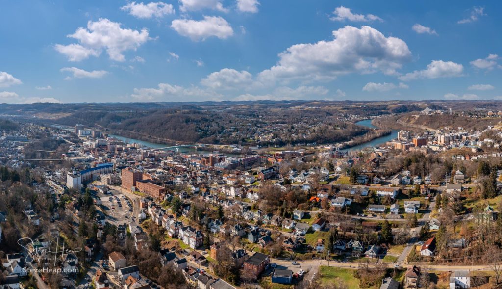 Aerial drone panoramic shot of the downtown area of Morgantown with the WVU campus in the early winter. Buy a copy in my online store