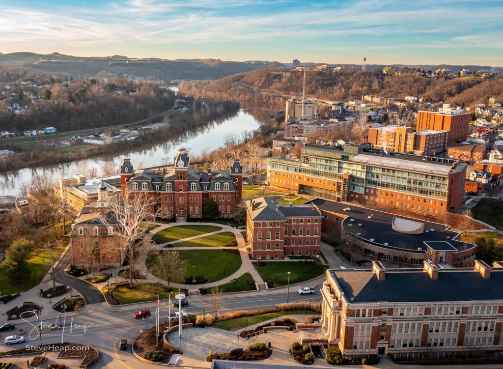 Aerial drone panoramic shot of the downtown campus of WVU in Morgantown West Virginia showing the river. Product details can be found in my online store