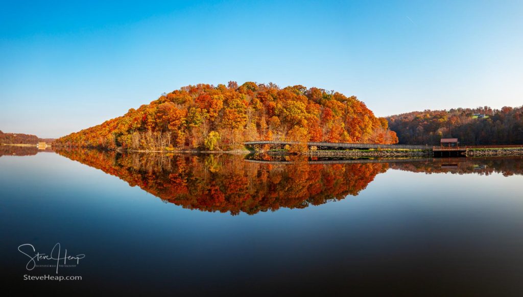 Warm light on the park at Cheat Lake near Morgantown West Virginia on a beautiful calm autumn day. 