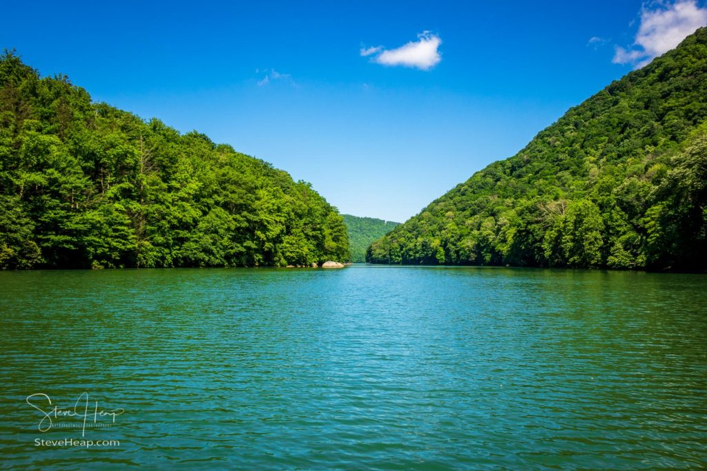 Calm warm water at the entrance to Cheat Lake near Morgantown, West Virginia