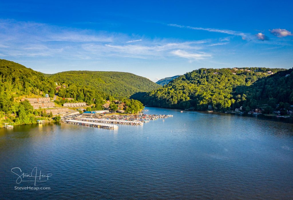 Wide panoramic view of Cheat Lake near Morgantown in West Virginia from aerial drone shot above the water