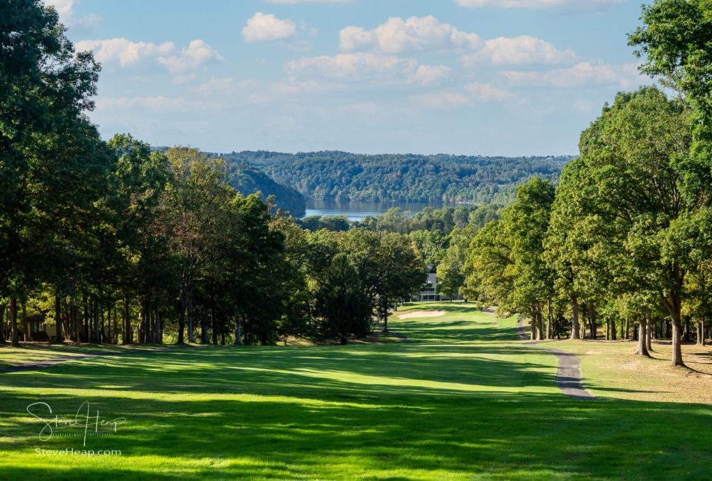 Panorama of the autumn fall colors from golf fairway surrounding Cheat Lake, Morgantown, West Virginia