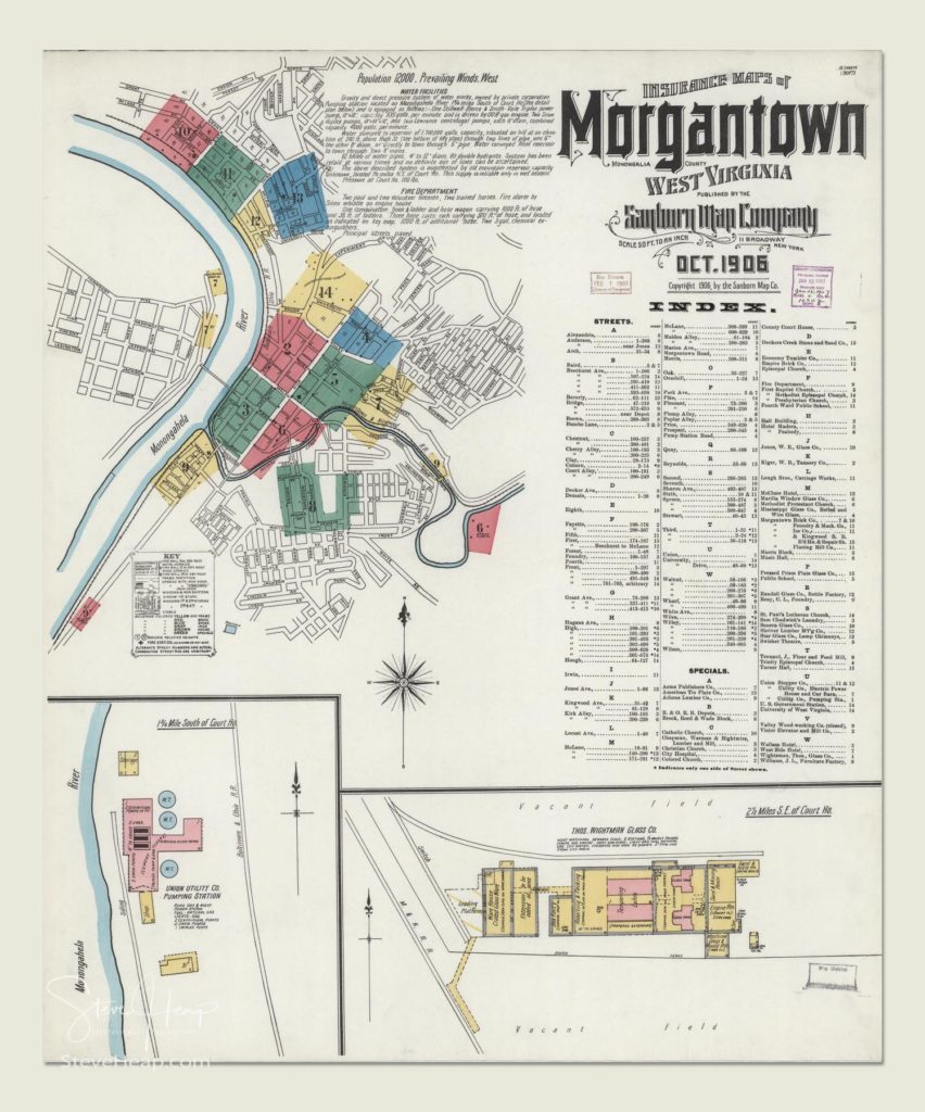 Detailed street map from Sanborn Map Company of Morgantown West Virginia in 1906. Made for insurance purposes, it shows all the buildings in the downtown area of the city with names of each one. Perfect for a resident or someone who grew up in the town as a gift or memento.