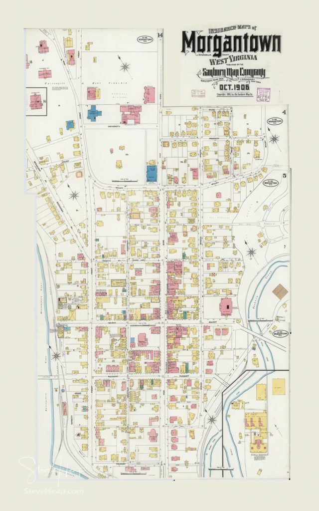 Detailed street map from Sanborn Map Company of Morgantown West Virginia in 1906. Made for insurance purposes, it shows all the buildings in the downtown area of the city with names of each one. Perfect for a resident or someone who grew up in the town as a gift or memento.