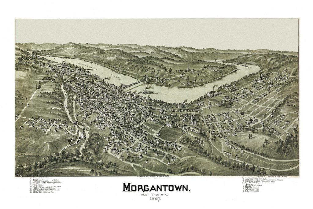 Ancient engraving of the city plan of Morgantown in West Virginia in 1897. This old document has been digitally cleaned up to make a great piece of wall art