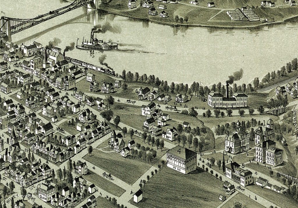 Detail of the central area of the street plan showing the bridge and also Woodburn Circle.