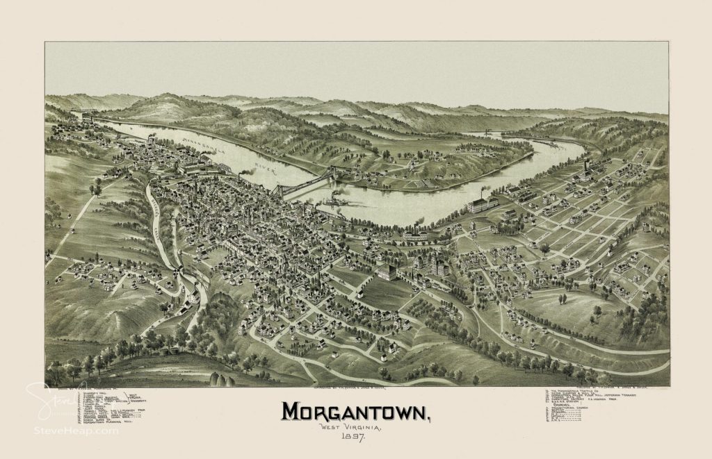 Ancient engraving of the city plan of Morgantown in West Virginia in 1897. This old document has been digitally cleaned up. Buy a copy of it from my store
