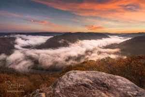 Panorama of New River at Grand View in New River Gorge National park at sunrise in West Virginia