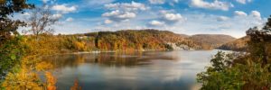 Panorama of the autumn fall colors surrounding Cheat Lake near Morgantown, West Virginia