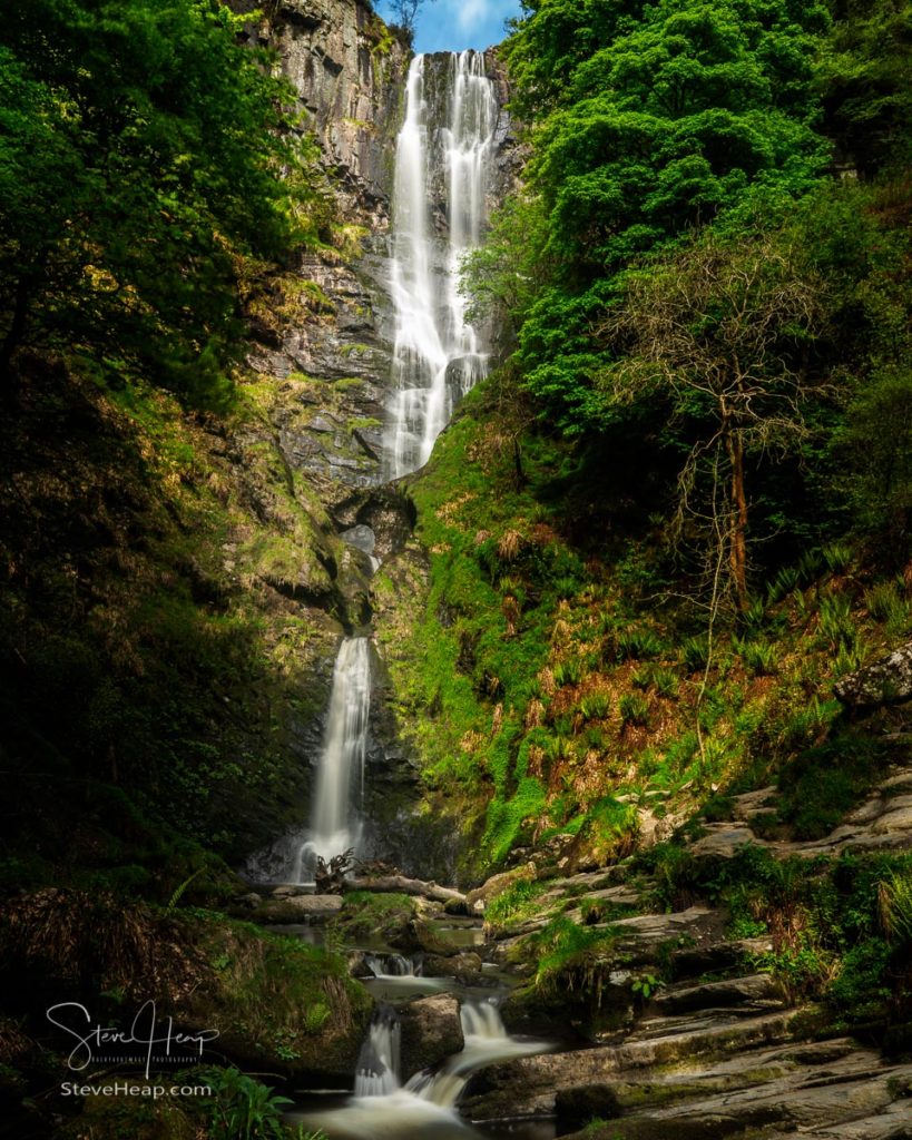 High falling water in waterfall and cascades at head of Pistyll Rhaeadr falls in Wales. Prints available in my store