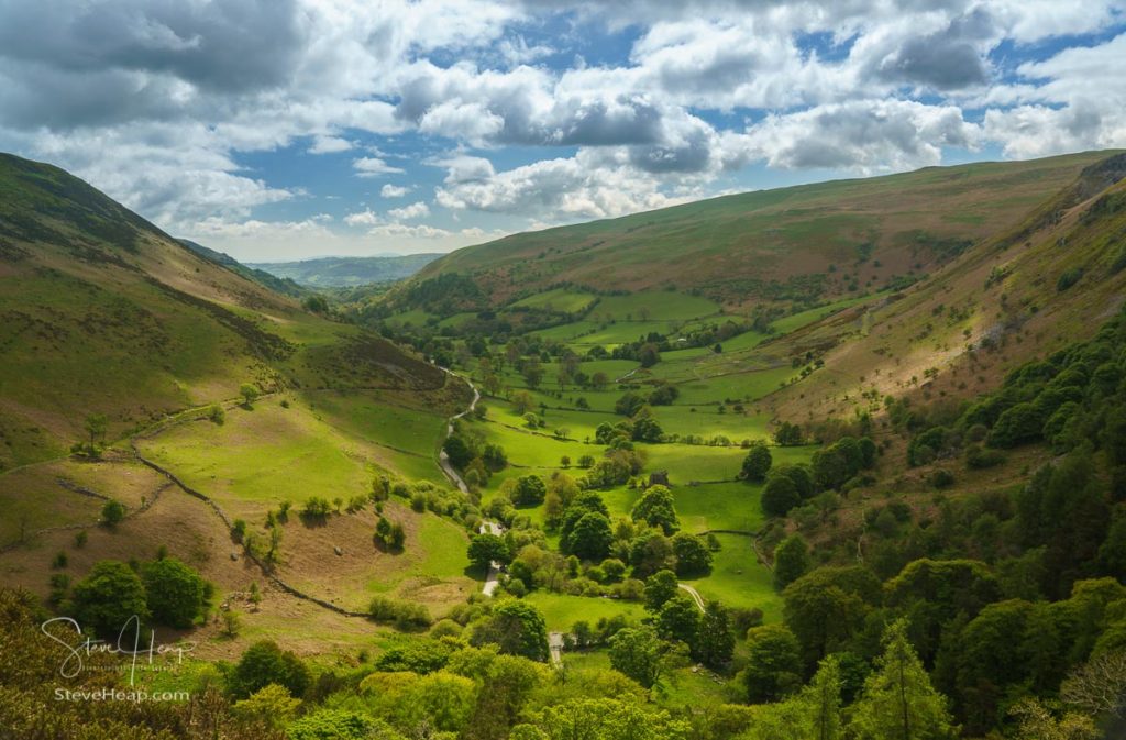 View down valley at Llanrhaeadr near Pistyll Rhaeadr falls in Wales. Prints available in my store