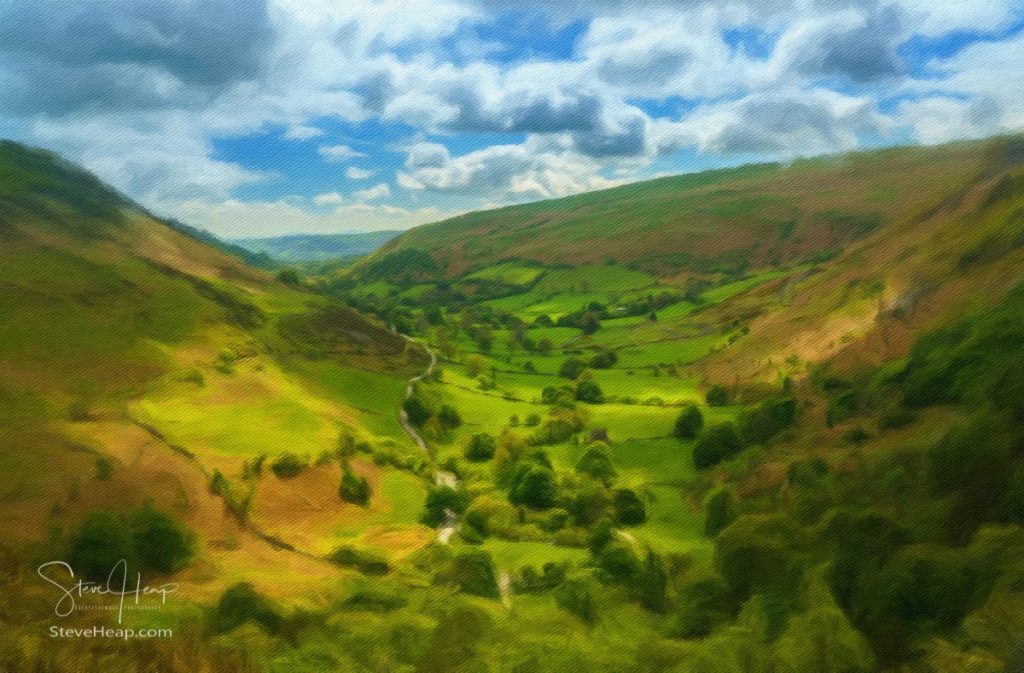 Oil painting from photograph of the view down valley at Llanrhaeadr near Pistyll Rhaeadr falls in Wales. Prints available in my store