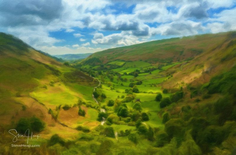 Oil painting from photograph of the view down valley at Llanrhaeadr near Pistyll Rhaeadr falls in Wales. Gorgeous rural landscape from the UK