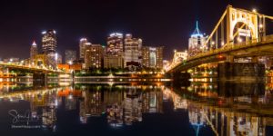 Downtown Pittsburgh from river trail on North Side at night
