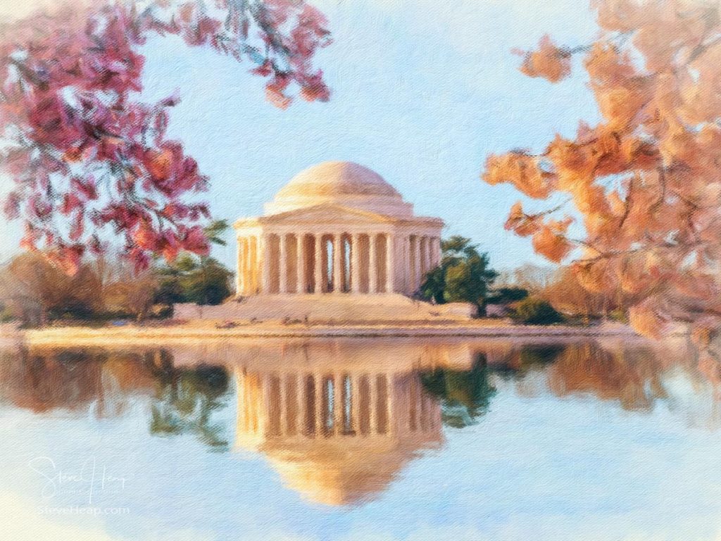 Digital oil painting of the dawn light illuminating the Jefferson Memorial and Tidal Basin with bright pink cherry blossoms framing the monument. Prints here.