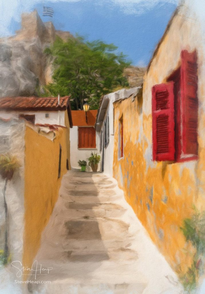 Digital oil painting of the narrow steps in ancient neighborhood of Anafiotika in Athens by the Acropolis. Prints in my store