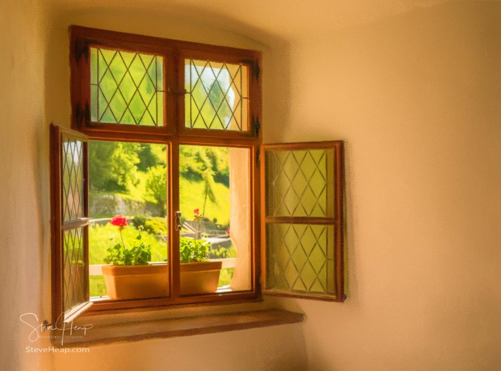 Pastel drawing of a simple window with a flower box in solid stone wall in old castle. Prints available in my store