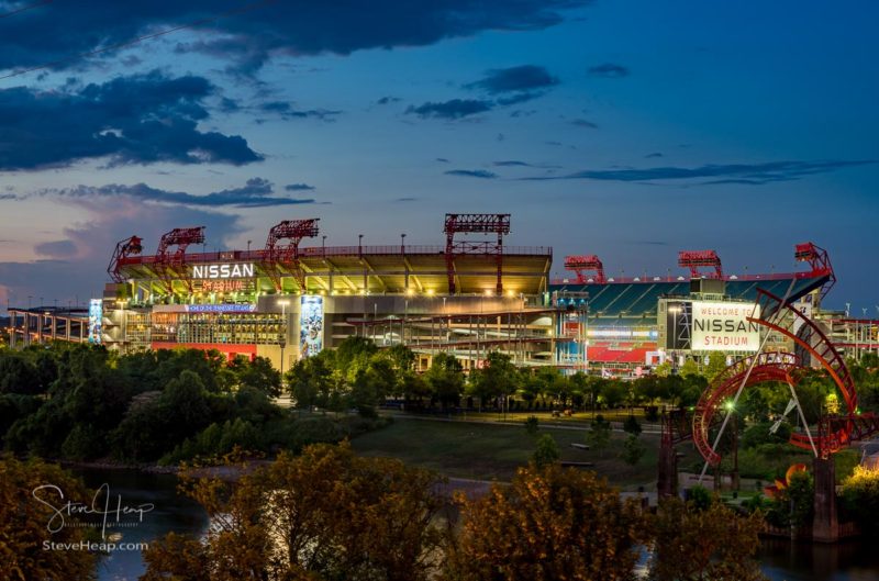 Nashville, Tennessee - 27 June 2021: Nissan Stadium, home of the Titans, in Nashville Tennessee at sunset
