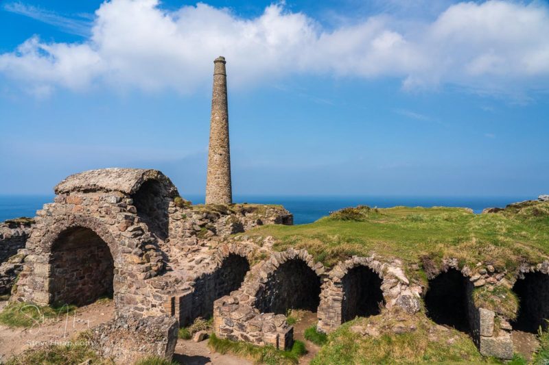 Historic remains of the old engine house and shaft at Botallack tin mine in Cornwall