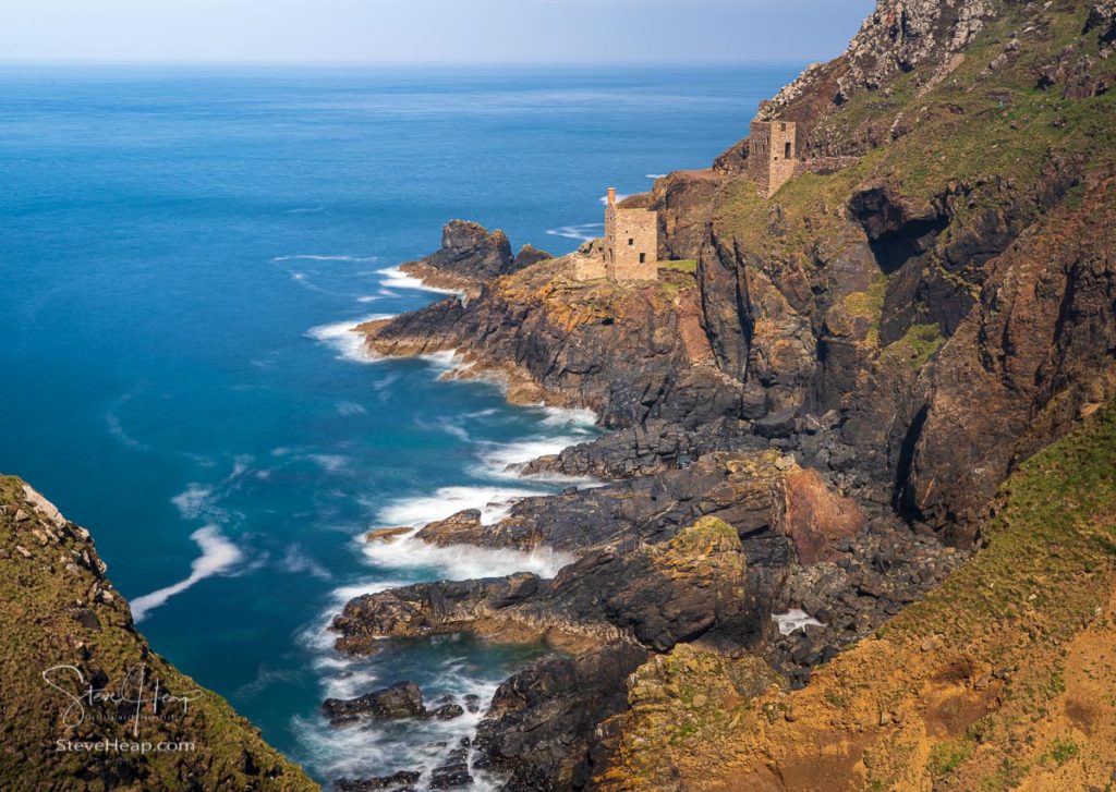 Long exposure image of the historic remains of the old engine house and shaft at Botallack tin mine on coast in Cornwall. Prints available here in my store