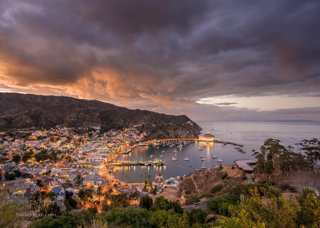 Panorama on Catalina Island off California at sunset with harbor at Avalon. Prints available in my online store