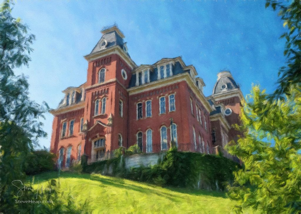 Impressionist painting of the historic Woodburn Hall at West Virginia University or WVU in Morgantown WV. Prints available in my online store
