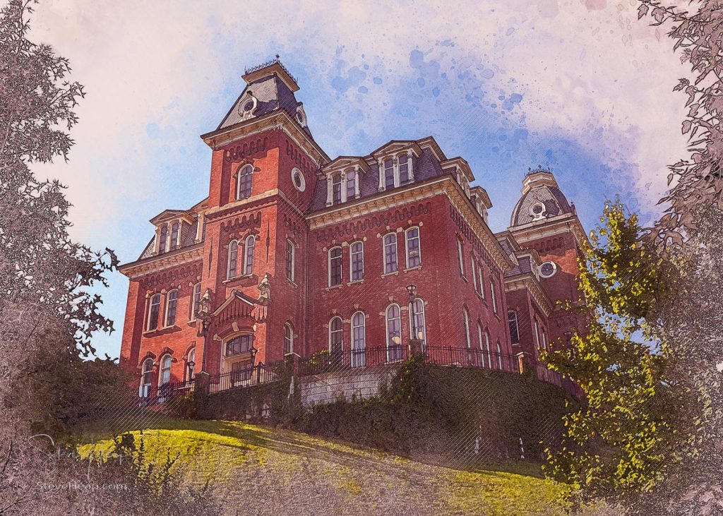Digital art drawing of the historic Woodburn Hall at West Virginia University or WVU in Morgantown WV. Prints available in my online store