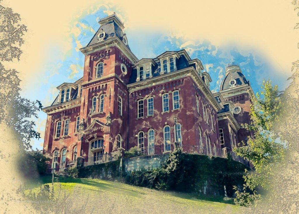 Digital art drawing of the historic Woodburn Hall at West Virginia University or WVU in Morgantown WV. Prints available in my online store