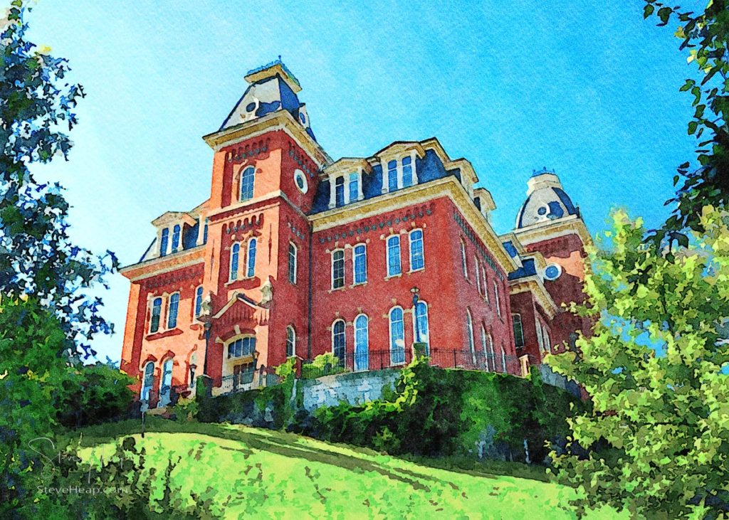 Watercolor painting of Woodburn Hall at West Virginia University or WVU in Morgantown WV. Prints available in my online store