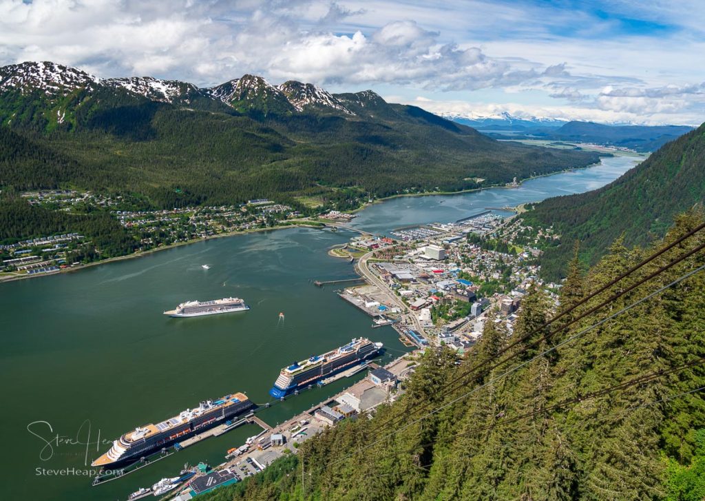 Overhead view of three cruise ships in port of Juneau with Viking Orion anchored in the bay. Prints available in my online store