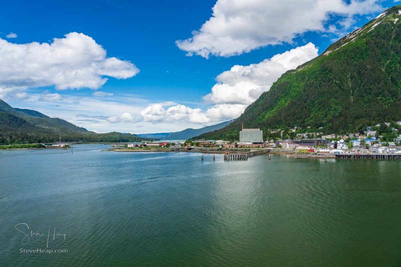 Panoramic view of the port of Juneau in Alaska from the water of the harbor