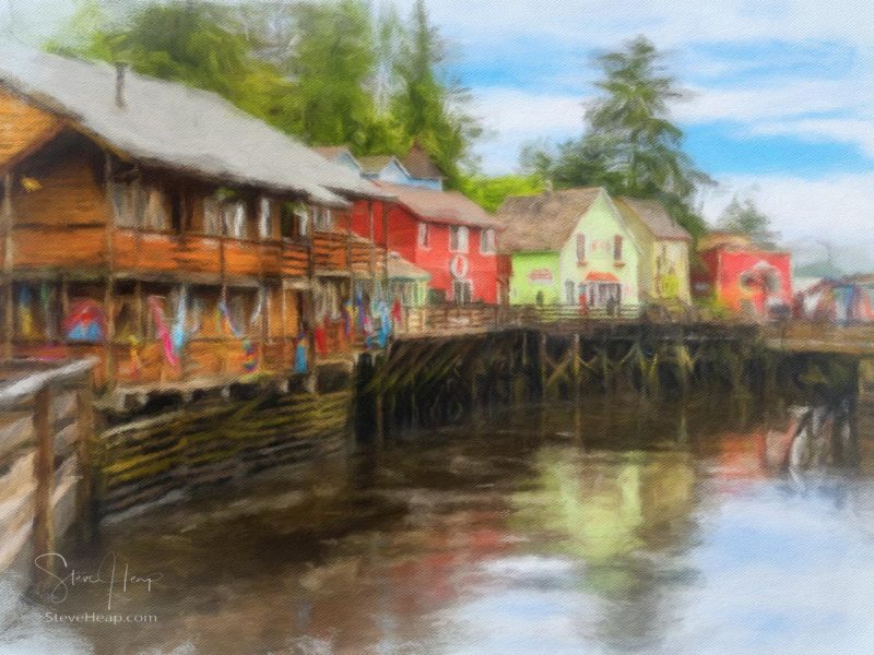 Impressionistic painting of the famous Creek Street boardwalk and shops in Ketchikan Alaska