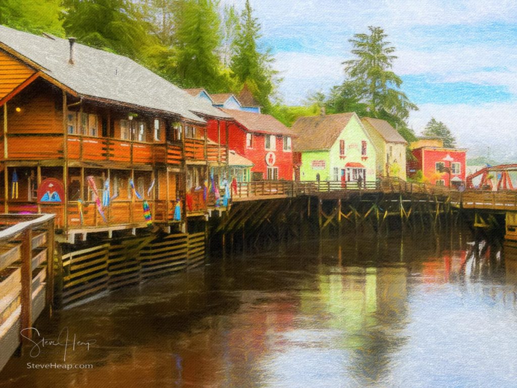 Pastel painting of the famous Creek Street boardwalk and shops in Ketchikan Alaska. Prints available in my online store