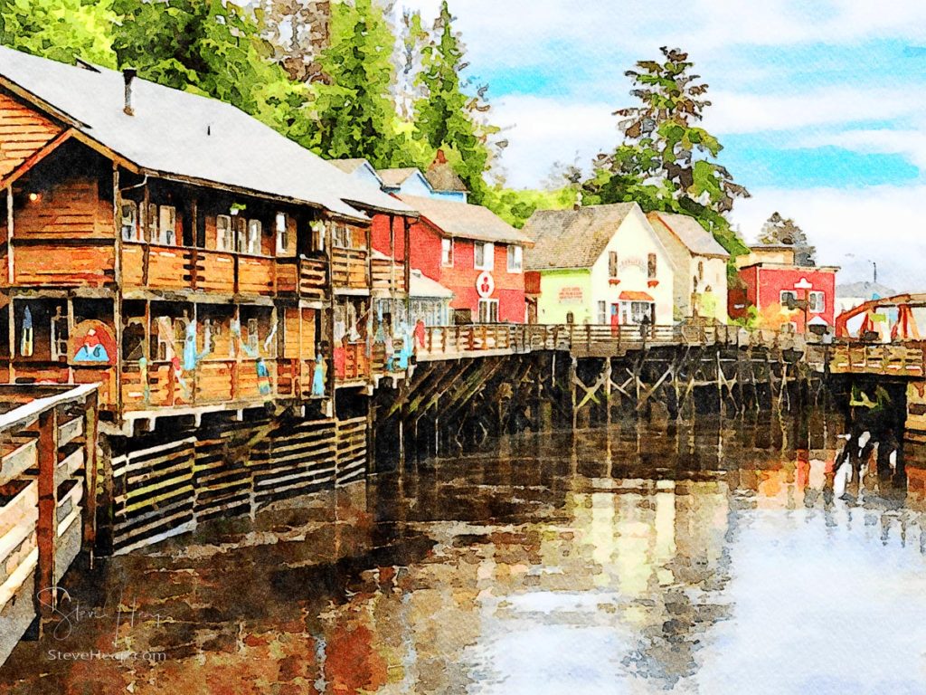 Watercolor painting of the famous Creek Street boardwalk and shops in Ketchikan Alaska. Prints available in my online store