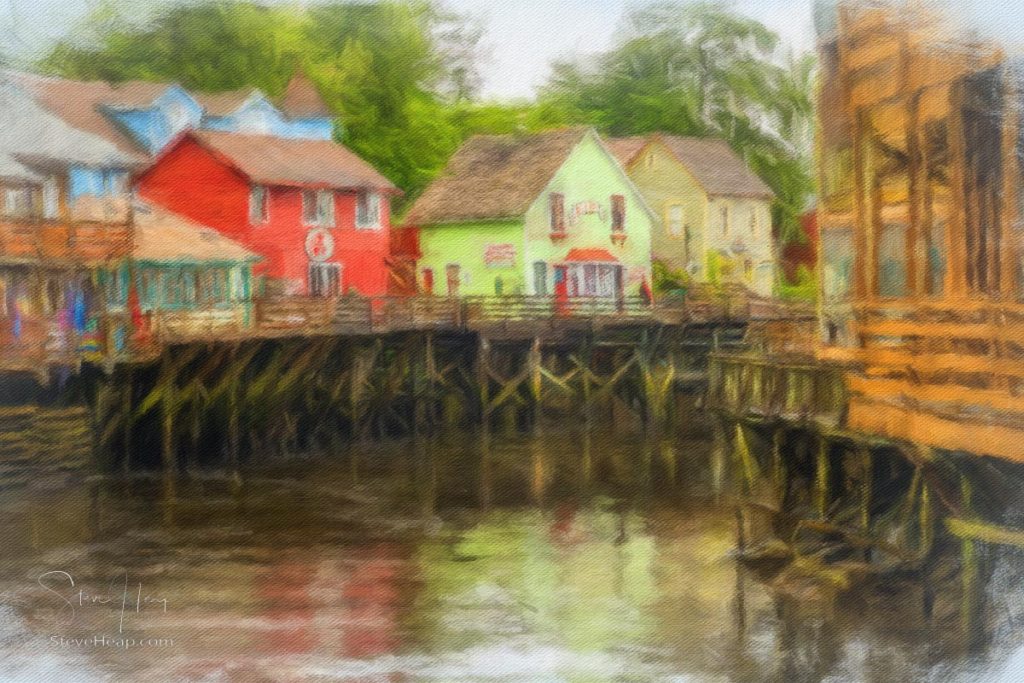 Impressionistic painting of the famous Creek Street boardwalk and shops in Ketchikan Alaska. Prints available in my online store