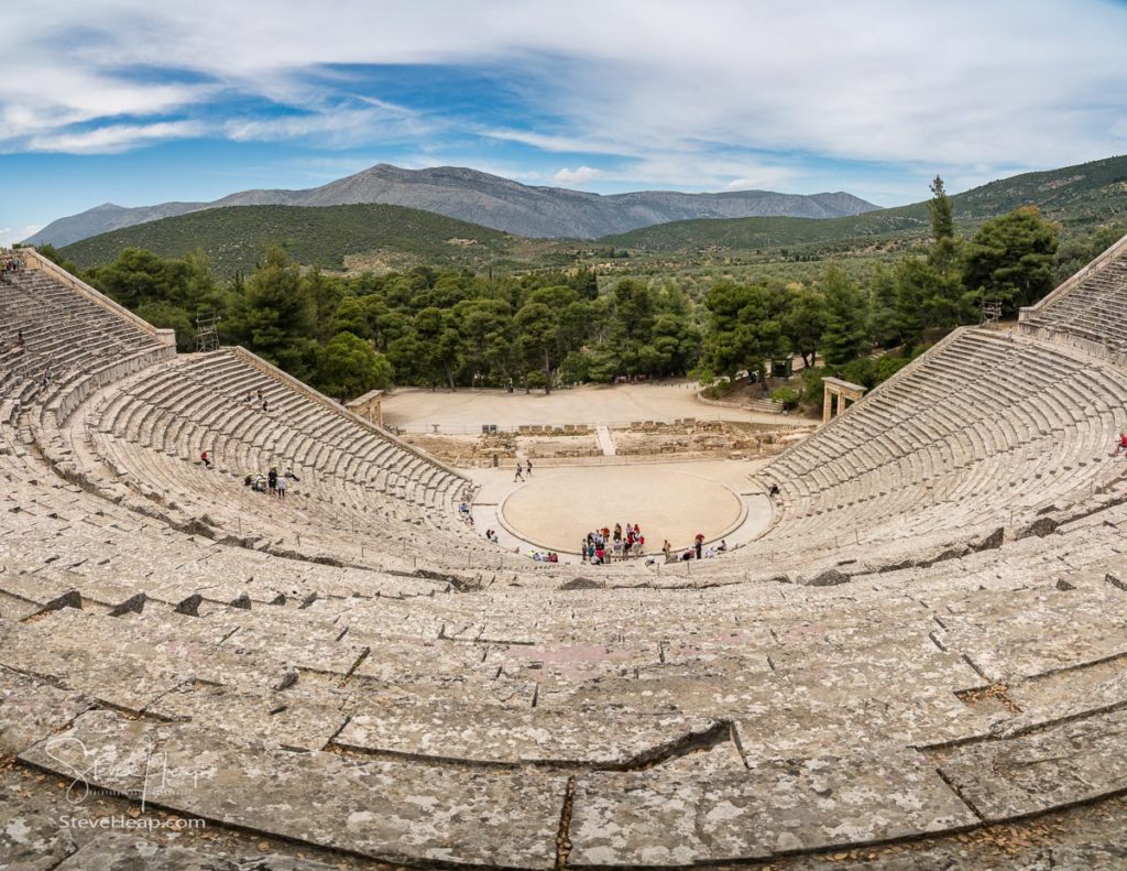 EPIDAURUS, GREECE - 15 MAY 2019: Tourists in theater of the Sanctuary of Asklepios at Epidaurus