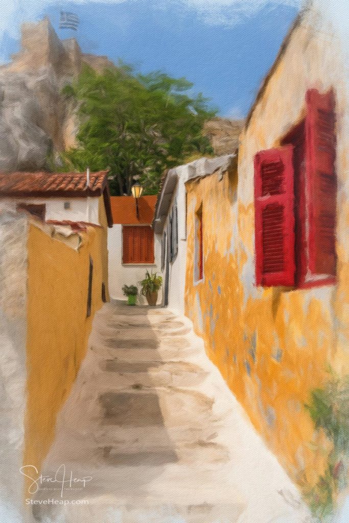 Oil painting with canvas effect of narrow steps in ancient neighborhood of Anafiotika in Athens by the Acropolis. Prints here