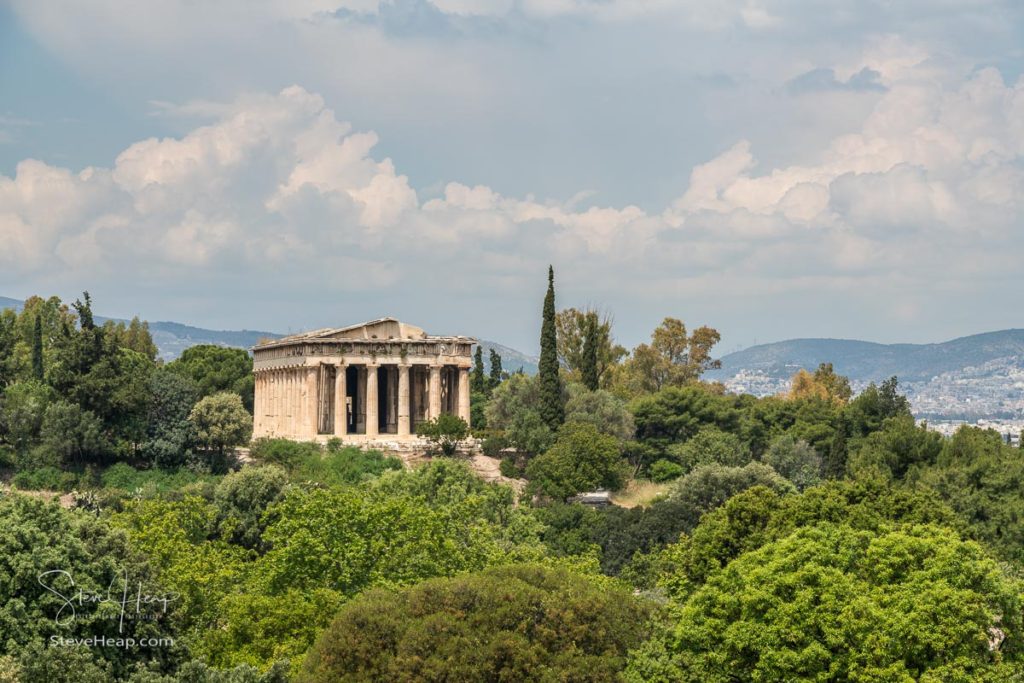 Panoramic view of Temple of Hephaestus in Greek Agora in Athens