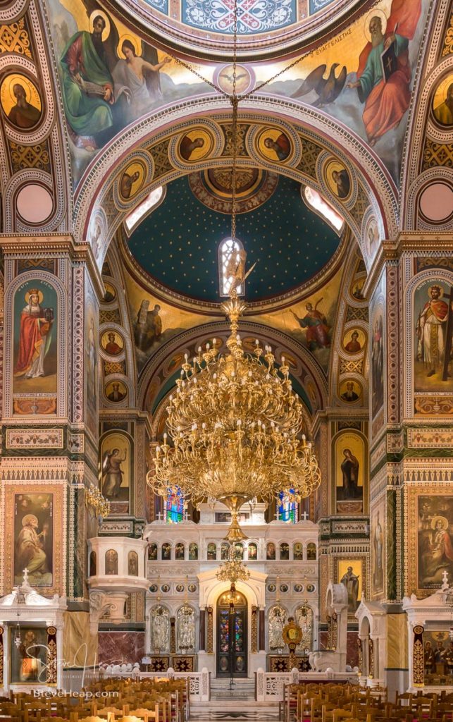 PIRAEUS, GREECE - 17 MAY 2019: Interior of the Greek Orthodox church of St Nicholas in Piraeus