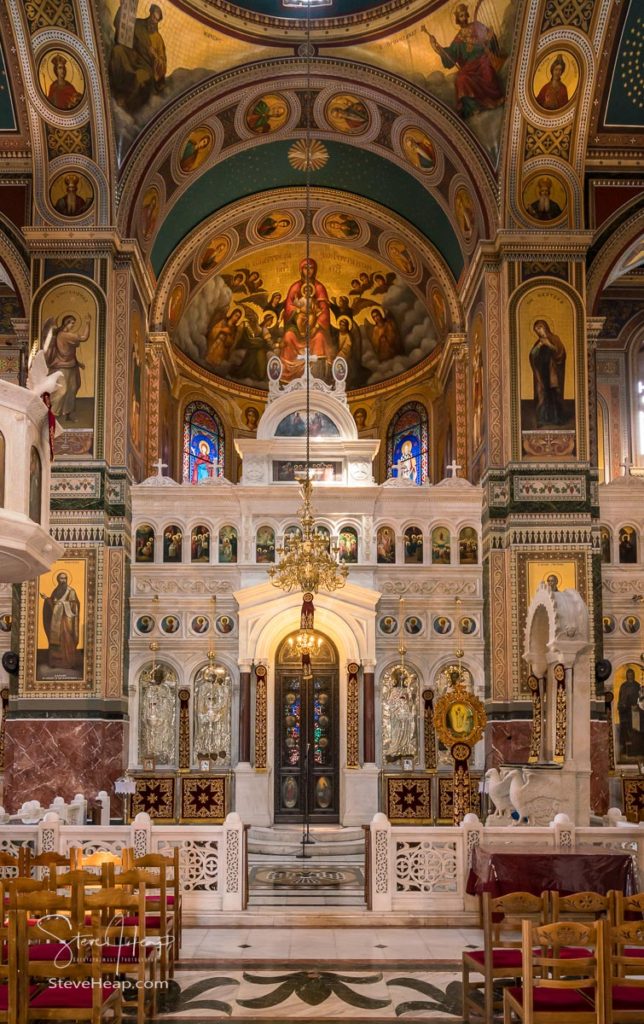 PIRAEUS, GREECE - 17 MAY 2019: Interior of the Greek Orthodox church of St Nicholas in Piraeus