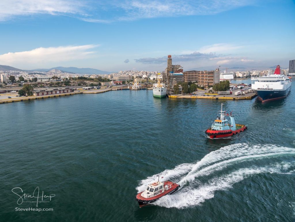 PIRAEUS, GREECE - 16 MAY 2019: Ship leaving the port of Piraeus near Athens