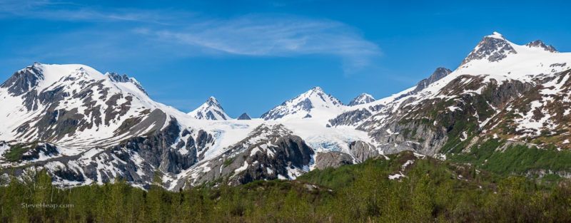 Broad high definition panoramic view of the Worthington Glacier by the roadside at Thompson Pass near Valdez Alaska